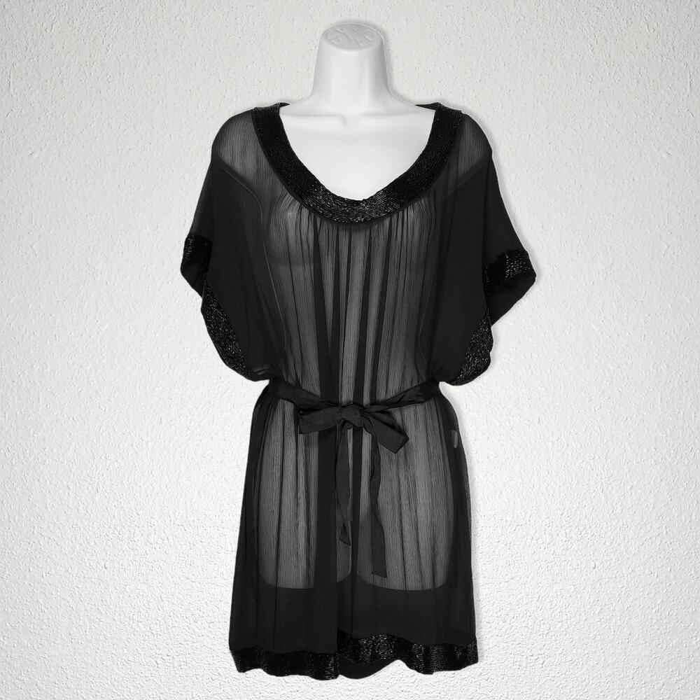 New DVF Black Silk Dress Bugle Bead Details Sheer Diane Von Furstenberg Small